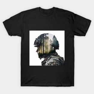 double exposure of soldier in woods T-Shirt